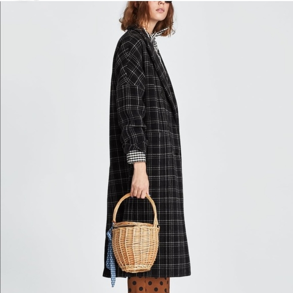 Zara Long Plaid Tartan Checkered Coat Jacket - Picture 3 of 10